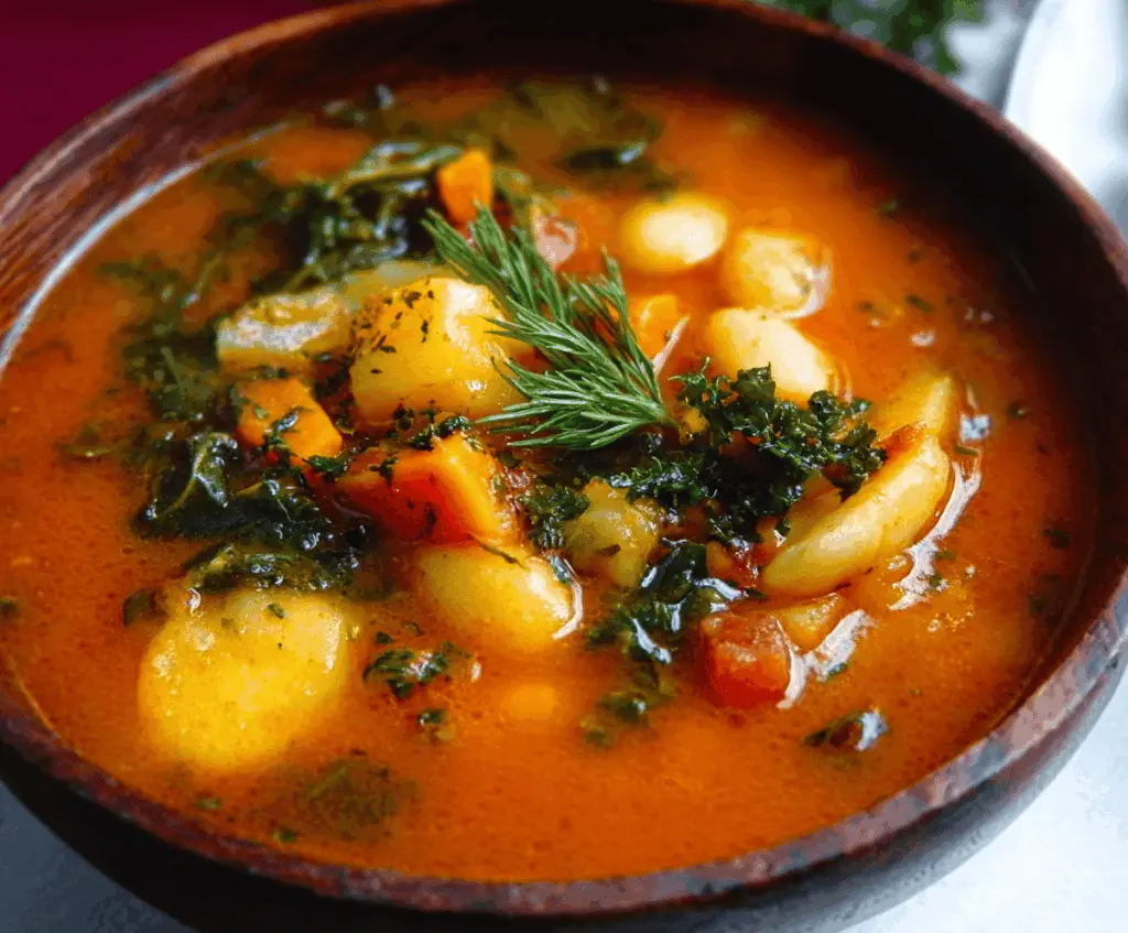 A bowl of hearty Autumn Harvest Vegetable Soup featuring seasonal vegetables like squash, carrots, and kale, garnished with herbs, served in a rustic bowl.
