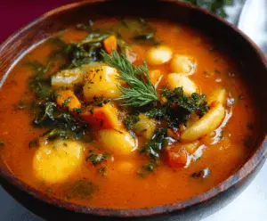 A bowl of hearty Autumn Harvest Vegetable Soup featuring seasonal vegetables like squash, carrots, and kale, garnished with herbs, served in a rustic bowl.