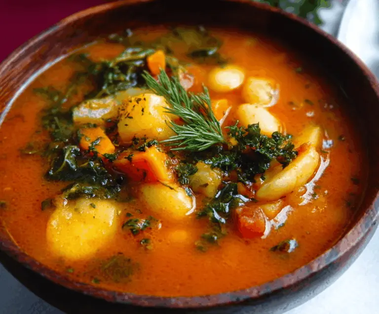 A bowl of hearty Autumn Harvest Vegetable Soup featuring seasonal vegetables like squash, carrots, and kale, garnished with herbs, served in a rustic bowl.