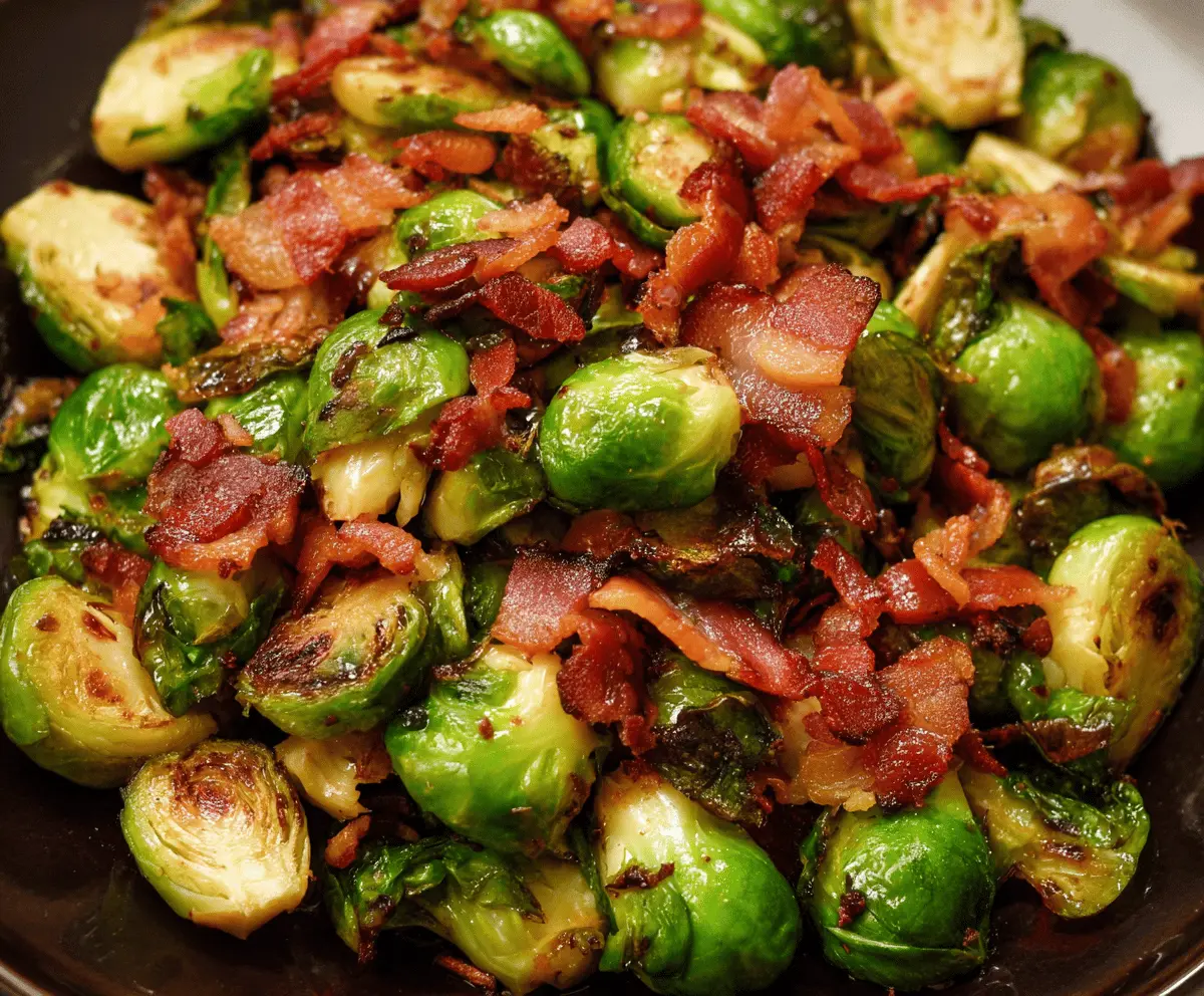 Crispy bacon-wrapped Brussels sprouts roasted to perfection, garnished with fresh herbs for a delicious appetizer or side dish