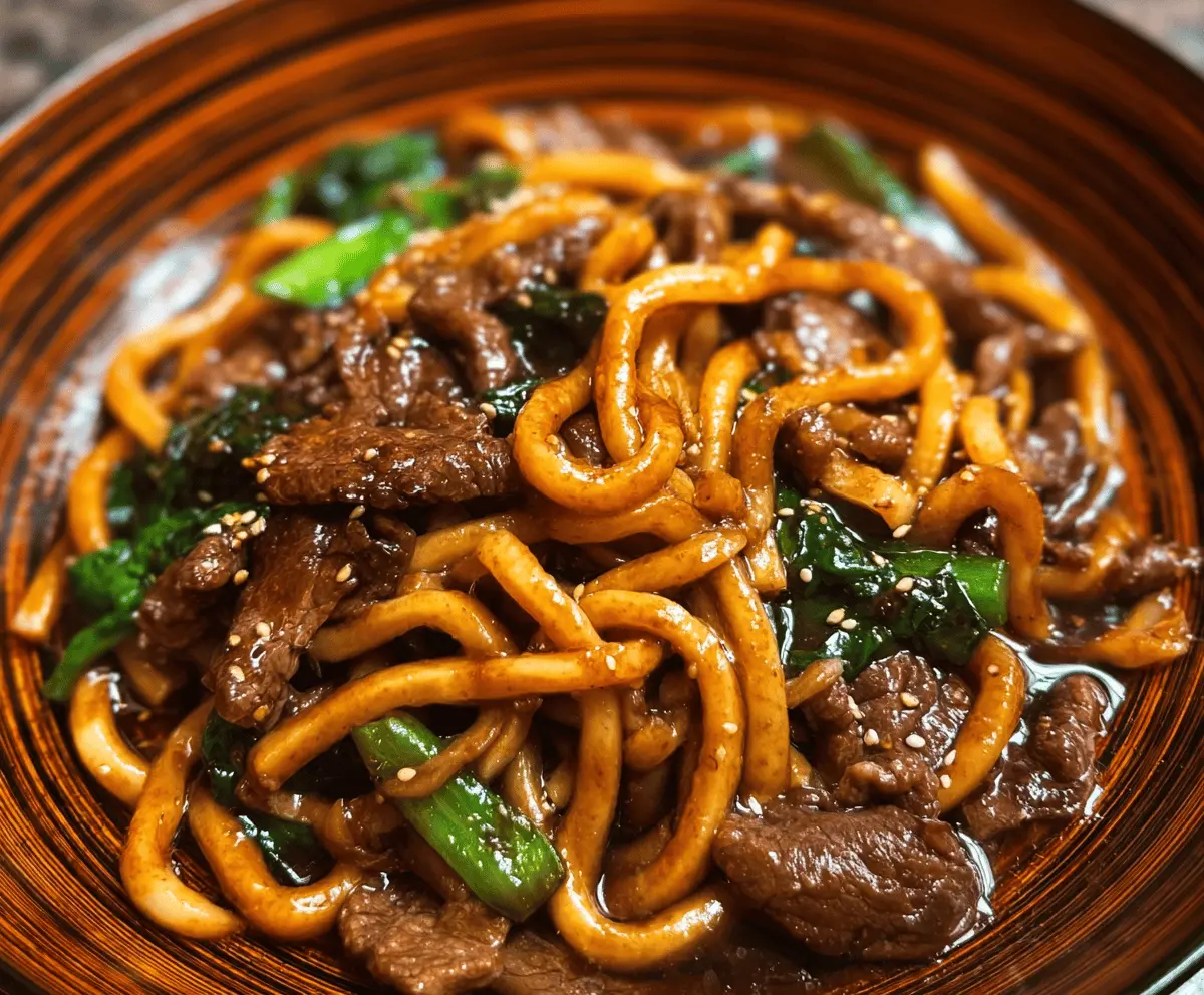 Savory Beef Black Pepper Udon noodle dish with tender beef slices and rich black pepper sauce on a white plate