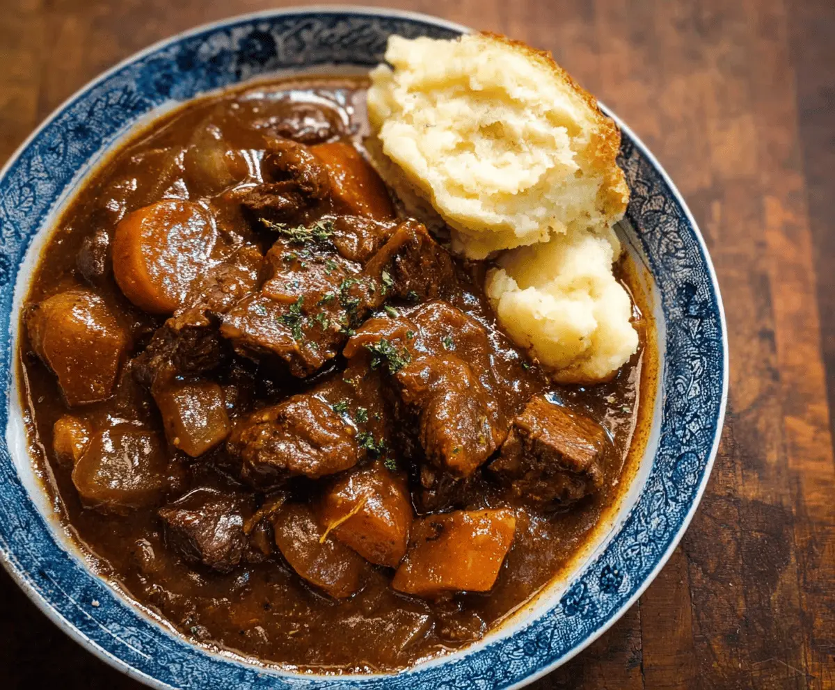 Hearty Beef Carbonnade Stew in a rustic bowl with tender beef, caramelized onions, and rich gravy, served with crusty bread on a wooden table.