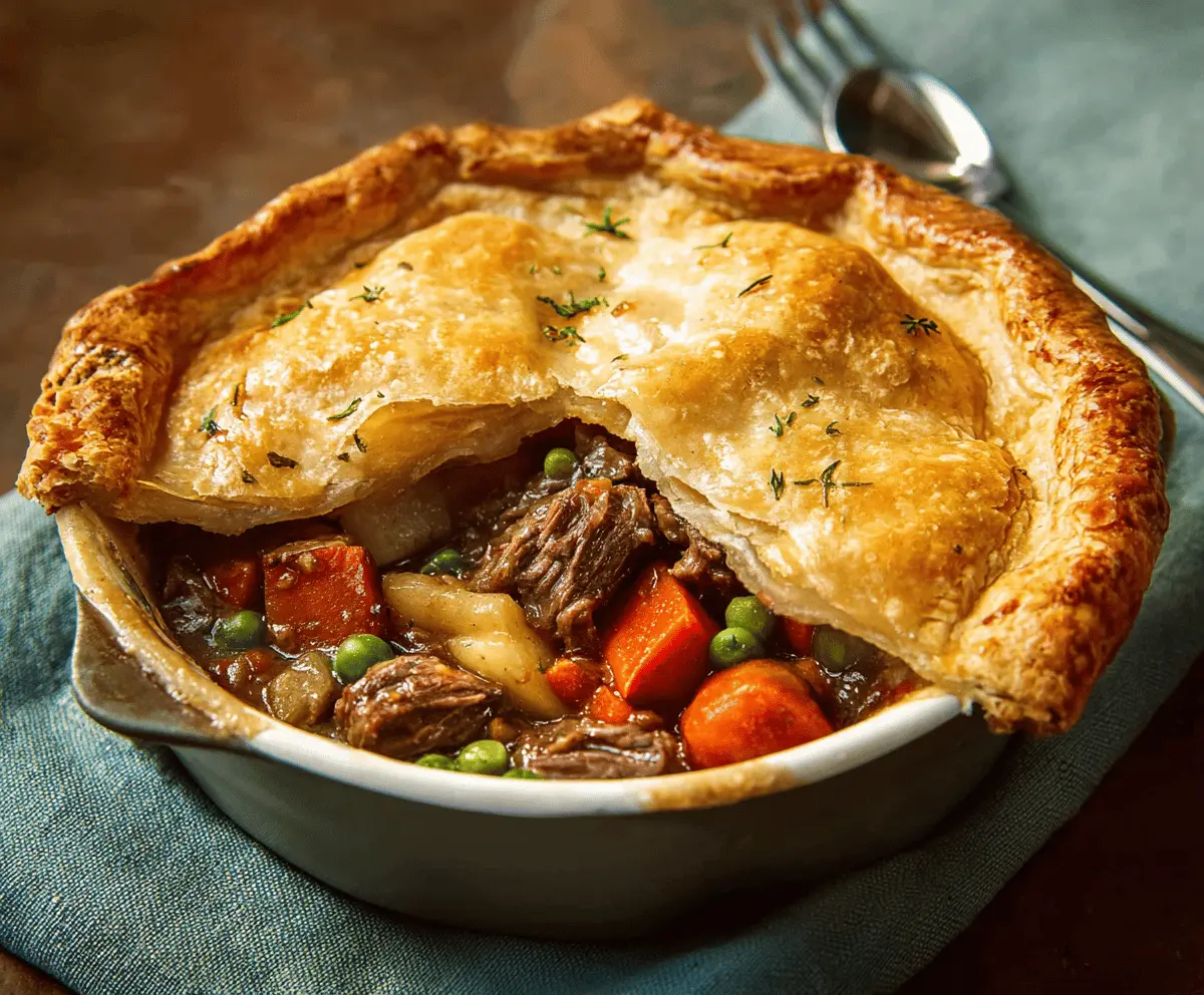 Delicious homemade beef pot pie topped with golden crust, filled with tender beef, vegetables, and savory gravy in a rustic dish