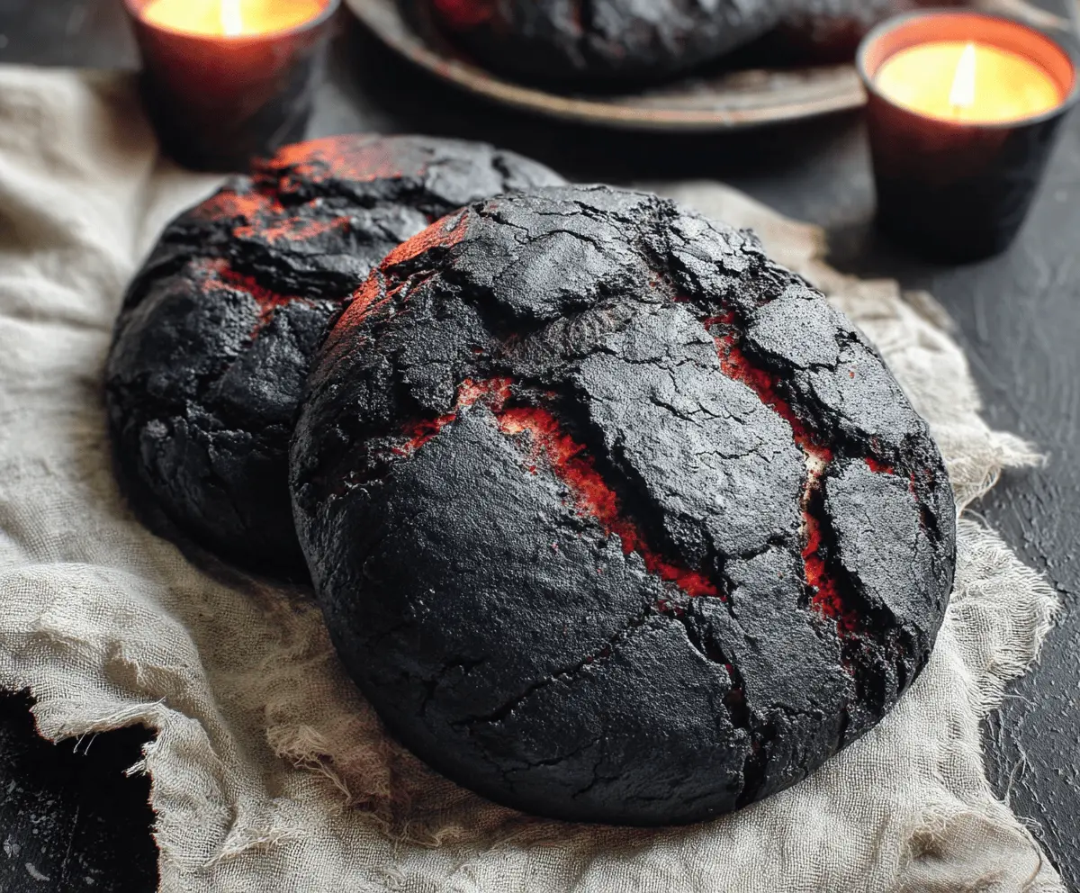 A spooky Halloween-themed Black Brimstone Bread with dark black crust, decorated with eerie green and purple toppings, perfect for a Halloween party centerpiece.