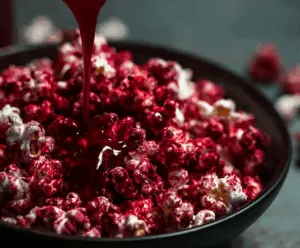 Bright red velvet popcorn topped with creamy white drizzle and red sprinkles, perfect for a spooky snack or festive celebration.
