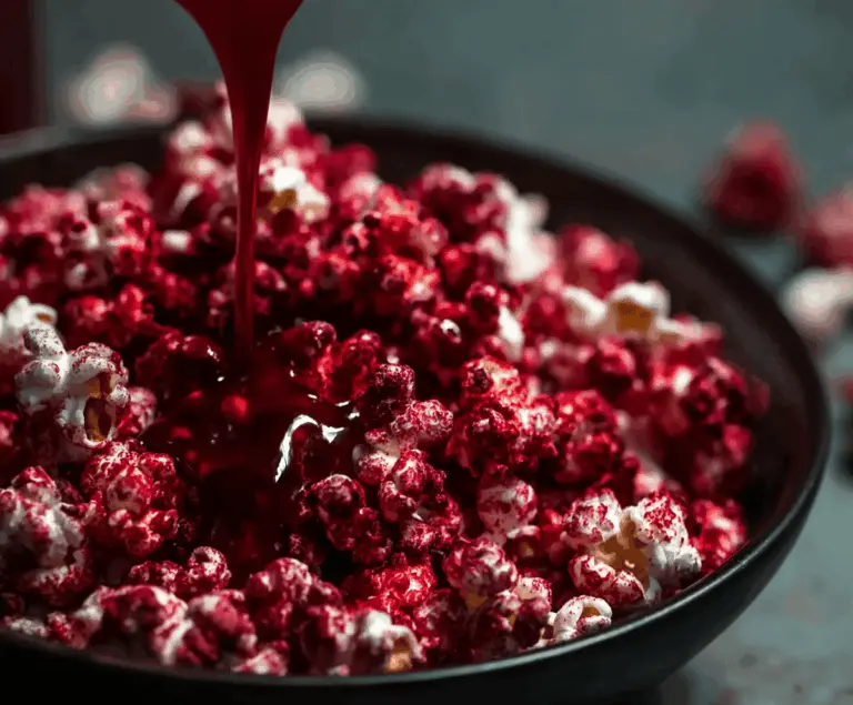 Bright red velvet popcorn topped with creamy white drizzle and red sprinkles, perfect for a spooky snack or festive celebration.