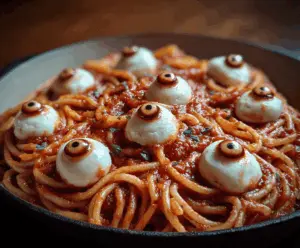 Bloody Spaghetti with Mozzarella Eyeballs