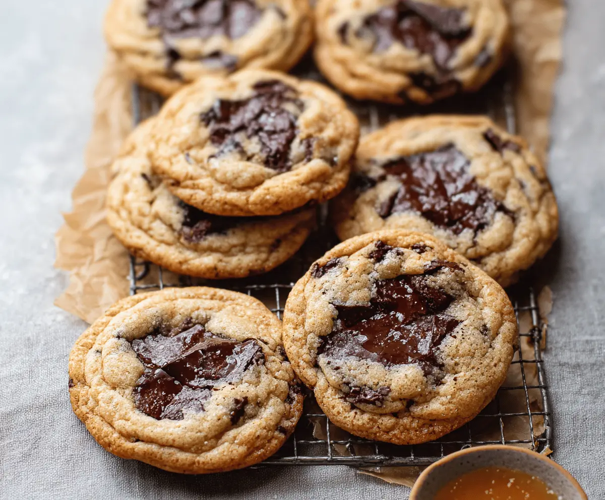 Delicious homemade brown butter chocolate chip cookies with golden edges and gooey chocolate chips on a rustic wooden surface