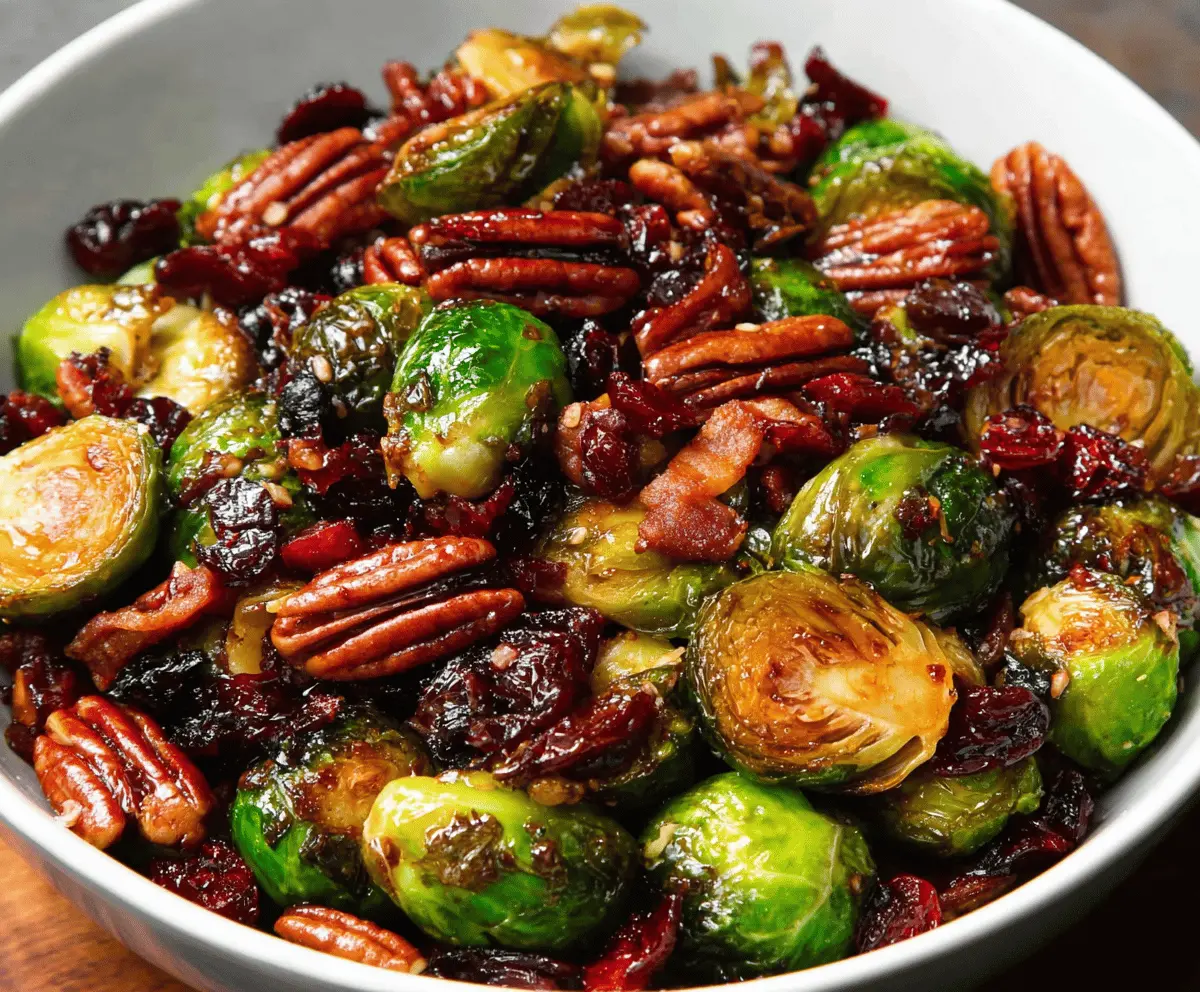 Delicious Brussels sprouts salad with crispy bacon, toasted pecans, tart cranberries, and glossy balsamic glaze, perfect for a festive side dish.