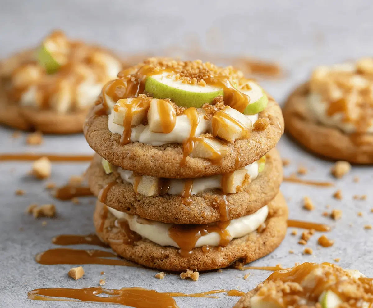 Delicious caramel apple cookies with a crispy exterior and gooey caramel filling, perfect for fall treats.