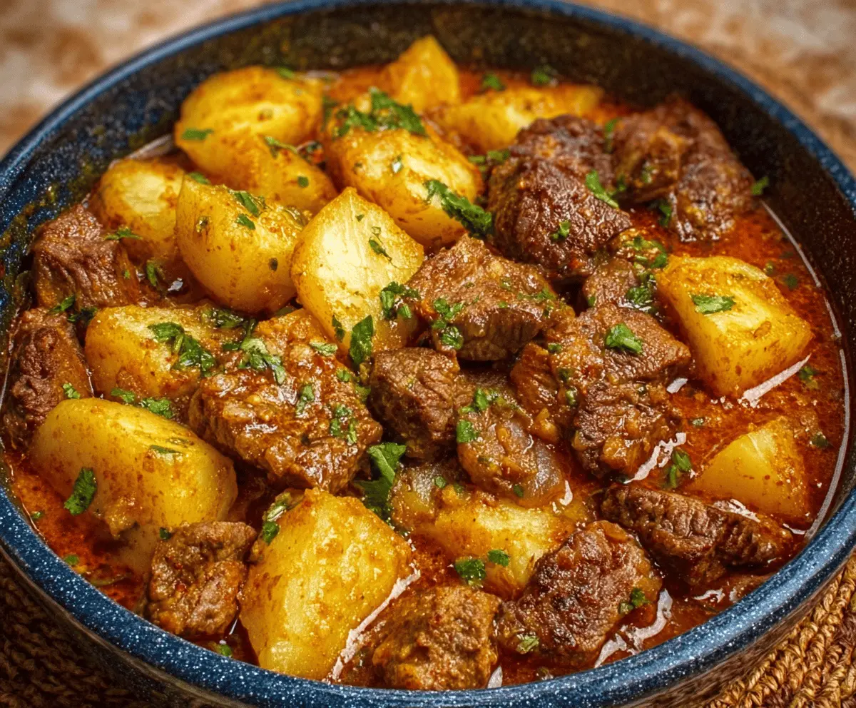 Savory Carne Con Papas served on a plate with tender beef chunks and crispy potatoes, garnished with herbs