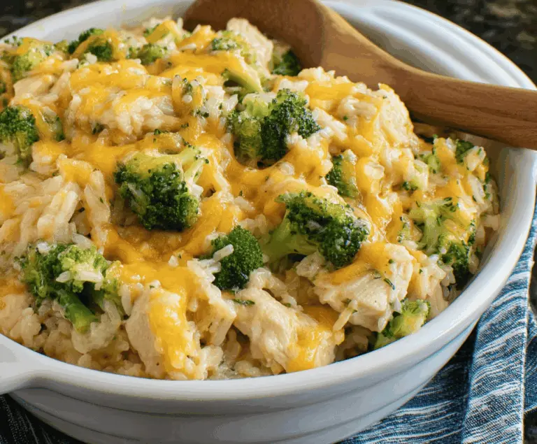 Delicious Chicken Broccoli Rice Casserole topped with melted cheese, served hot on a white plate