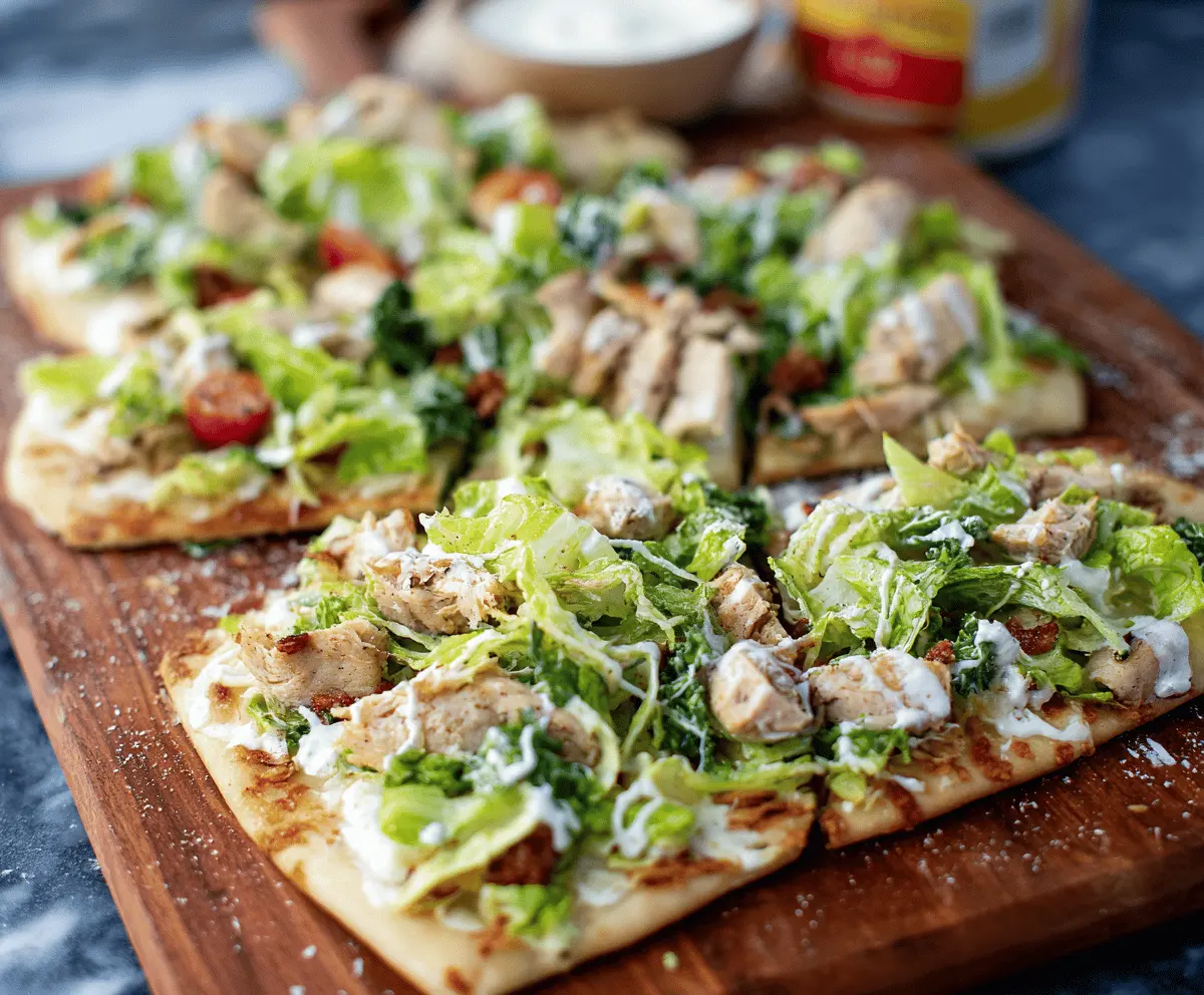 Delicious Chicken Caesar Flatbread topped with grilled chicken, romaine lettuce, grated Parmesan cheese, and creamy Caesar dressing on a crispy flatbread crust.
