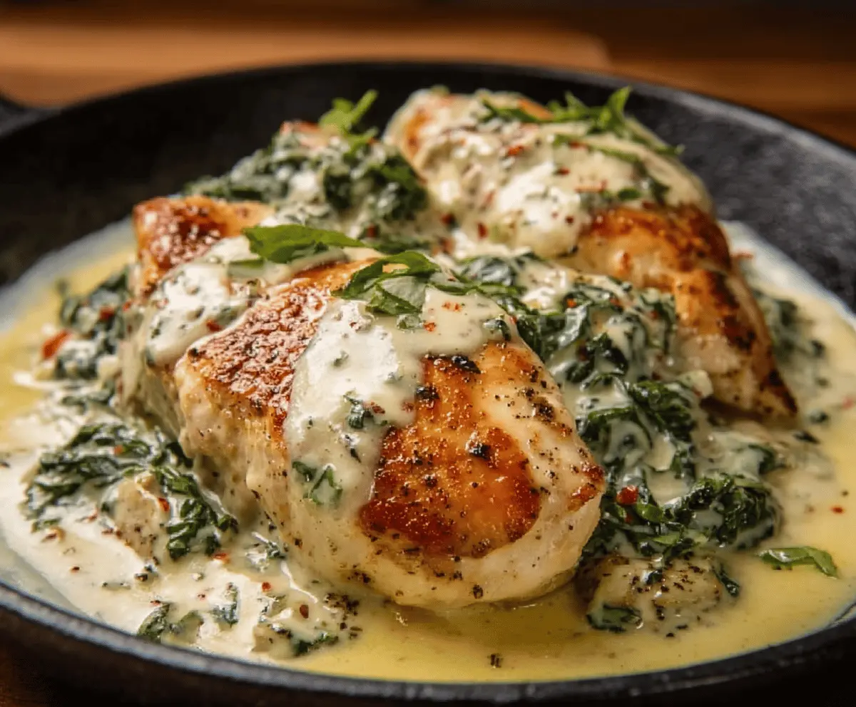 Creamy chicken in basil sauce served with fresh herbs on a white plate, perfect for a flavorful dinner