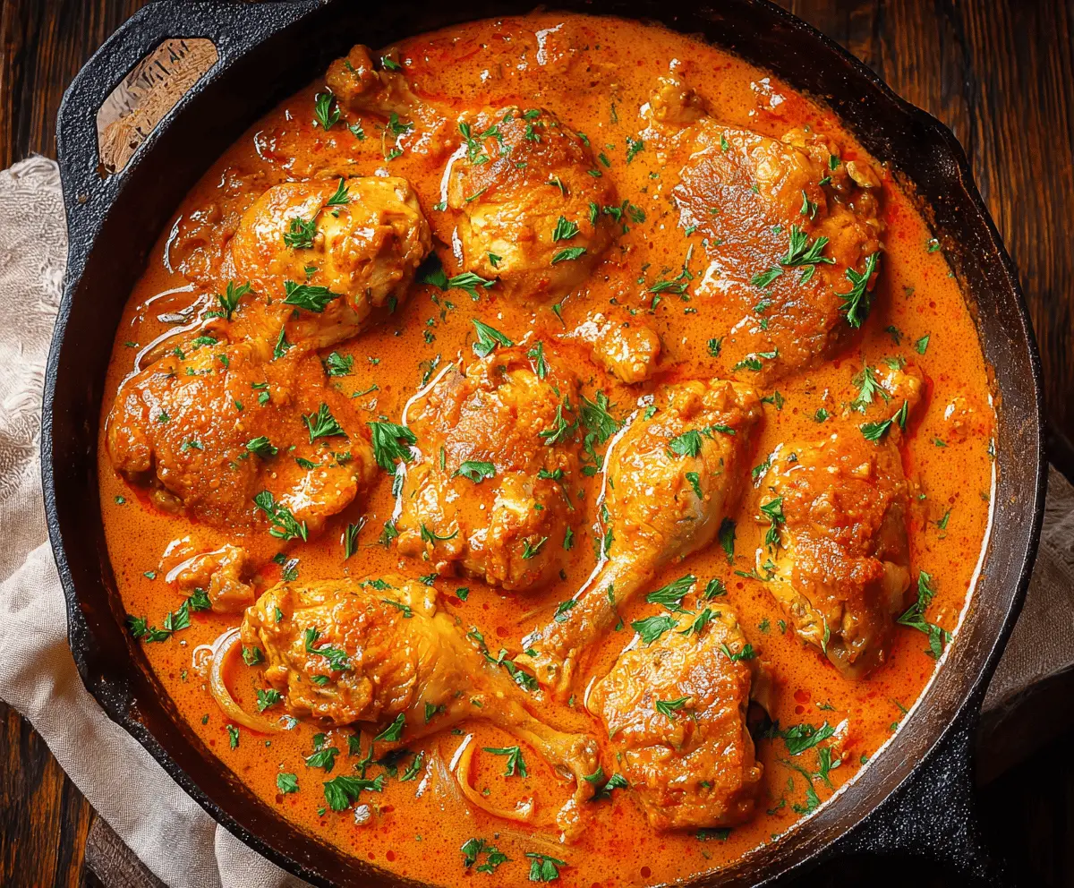 Creamy Chicken Paprikash served with rice and fresh herbs, showcasing tender chicken simmered in paprika-infused sauce