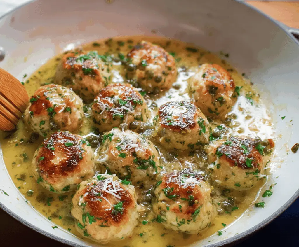 Delicious Chicken Piccata Meatballs garnished with fresh herbs and served on a plate, perfect for a flavorful Italian-inspired meal.