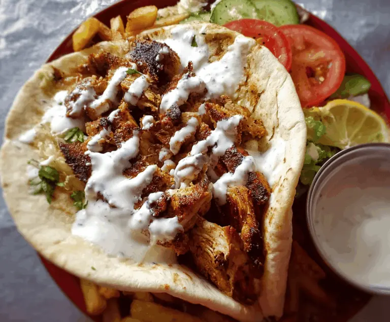 Delicious chicken shawarma topped with creamy garlic sauce served with fresh vegetables on a plate