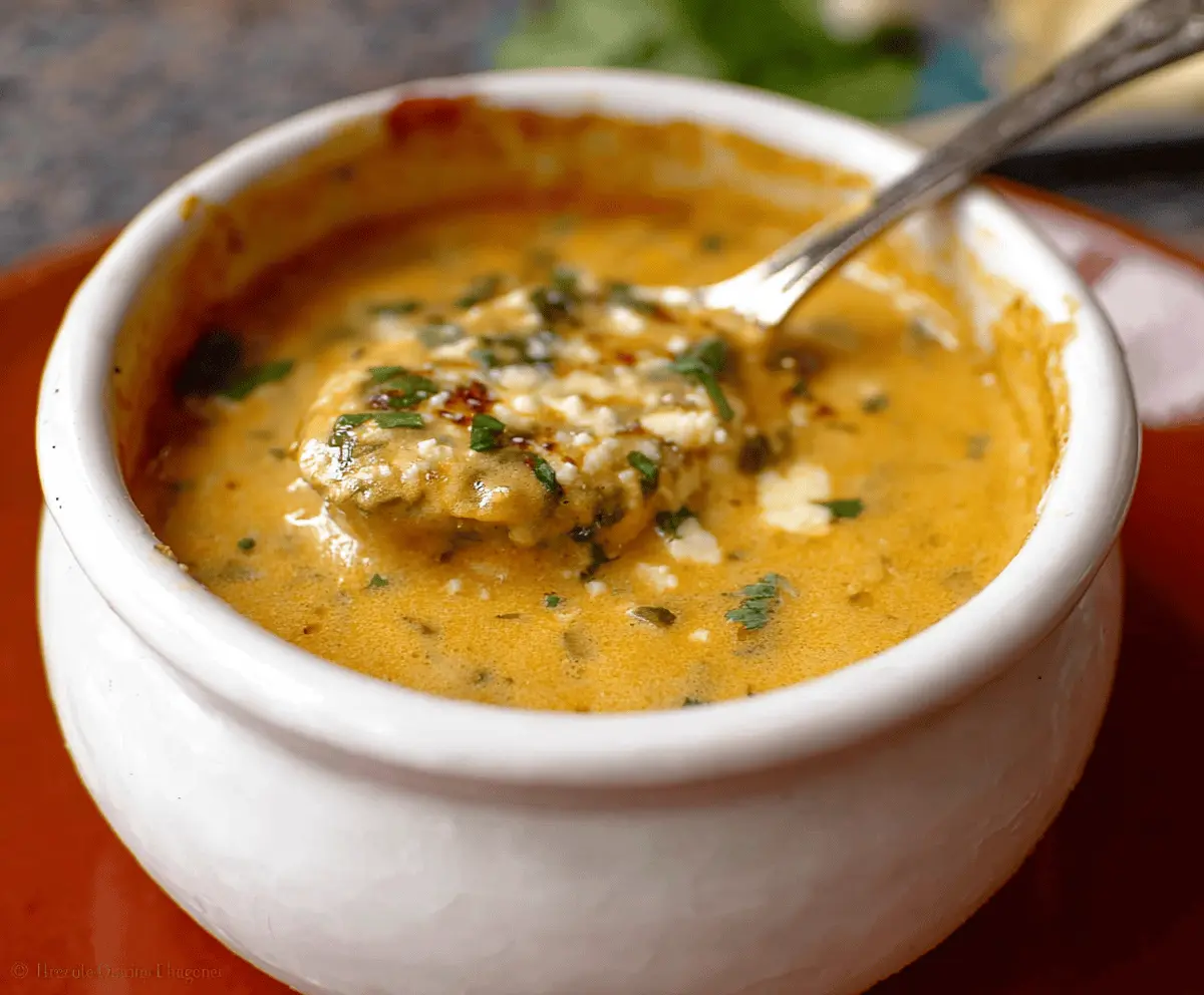 Creamy Chile Relleno Soup garnished with shredded cheese and fresh herbs, featuring roasted poblano peppers and melted cheese in a bowl.