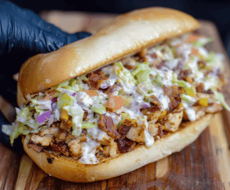 Delicious chopped chicken bacon ranch sandwich with crispy bacon, tender chicken, fresh lettuce, and creamy ranch dressing on a toasted bun