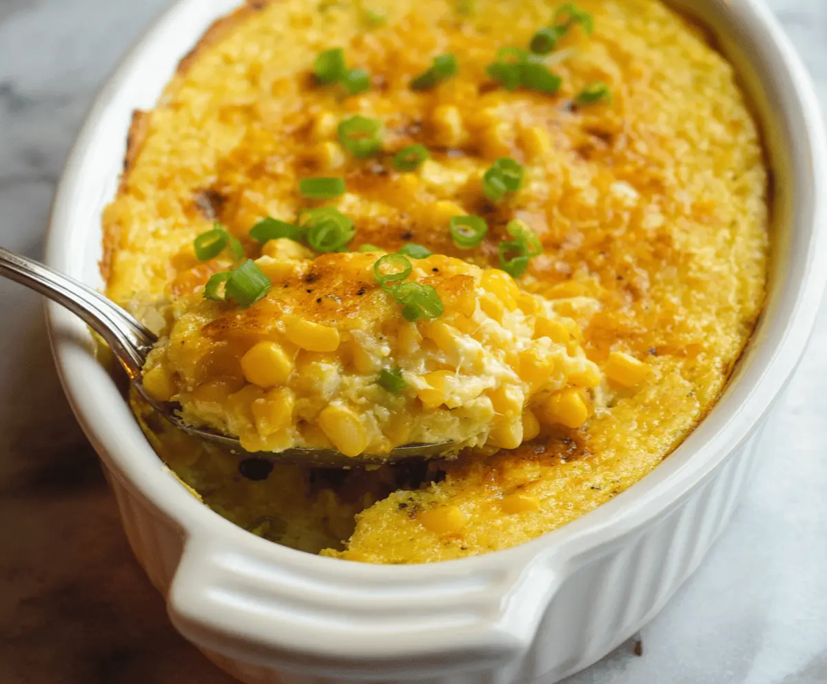 Creamy and savory corn pudding topped with a golden crust, served as a delicious side dish for any meal.