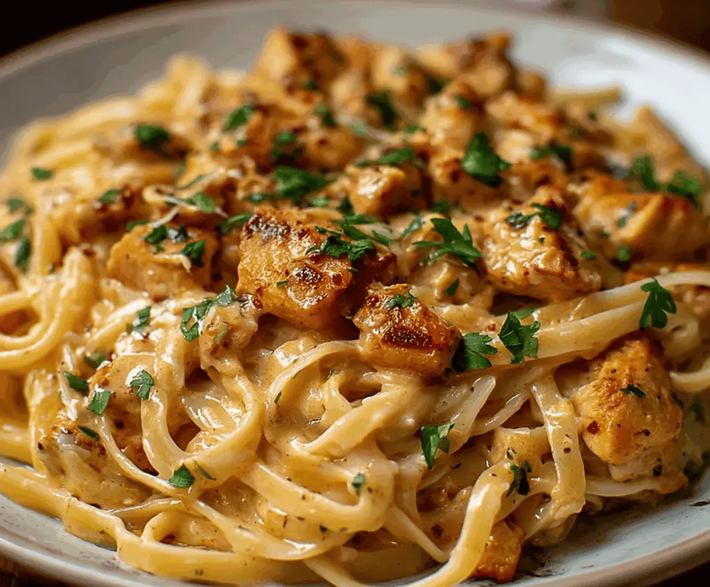 Creamy Cowboy Butter Chicken Linguine topped with herbs and served on a white plate, featuring tender chicken, flavorful butter sauce, and al dente pasta.