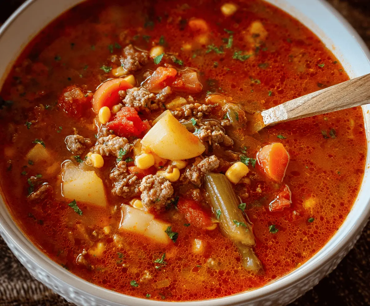 Hearty homemade Cowboy Soup in a bowl with chunks of beef, vegetables, and spices, perfect for a comforting and filling meal.