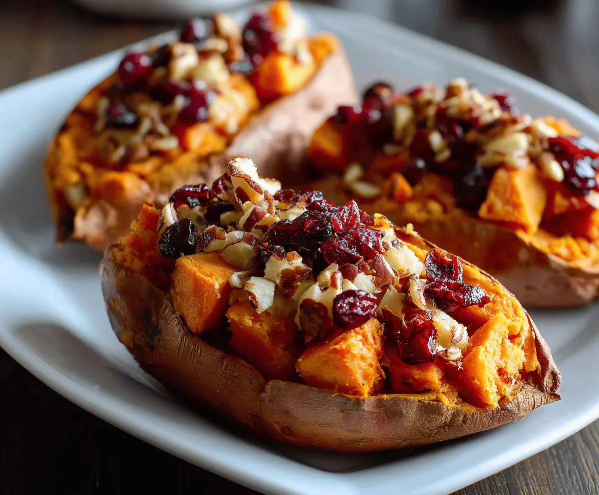 Delicious cranberry and apple stuffed twice-baked sweet potatoes with a sweet and savory filling.