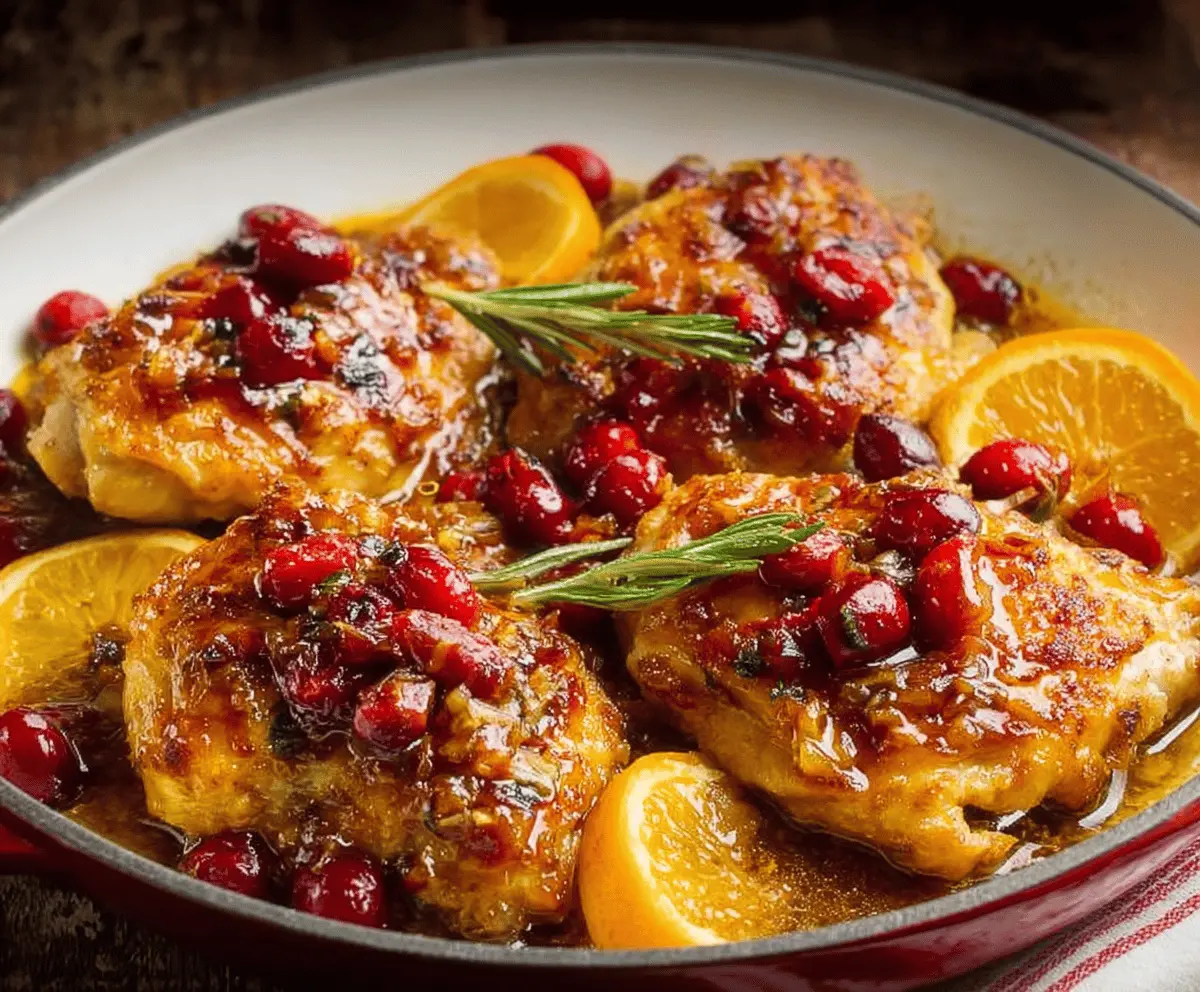 Juicy cranberry orange chicken served on a white plate with fresh cranberries and orange slices, garnished with herbs for a flavorful holiday dish.