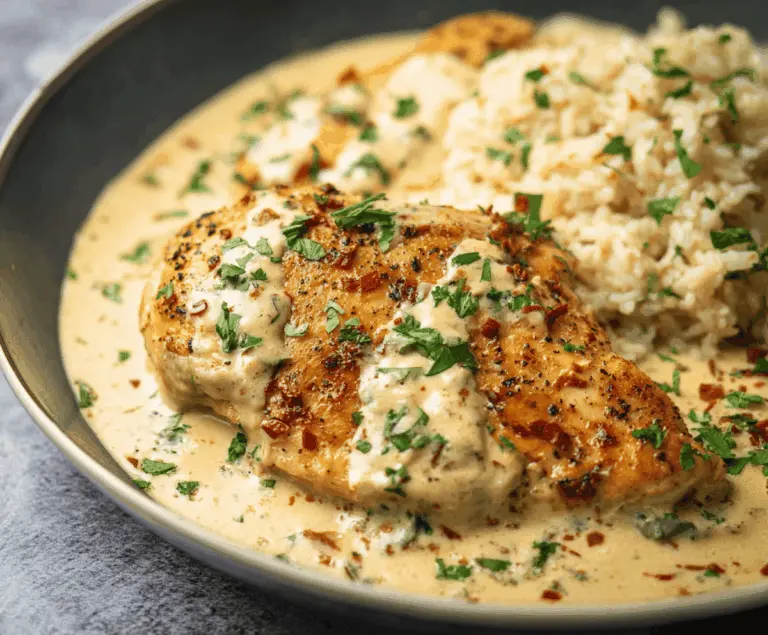 Cream Cheese Chicken served with herbs and vegetables, featuring tender cooked chicken topped with creamy cheese sauce