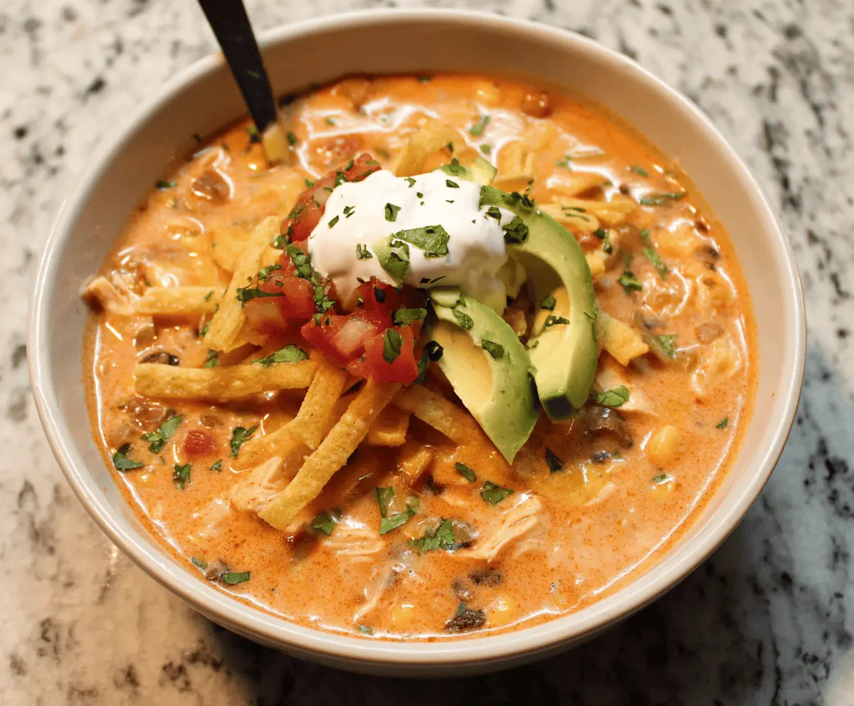 Creamy Chicken Tortilla Soup served in a bowl with shredded chicken, melted cheese, and tortilla chips, garnished with fresh cilantro and lime wedges.
