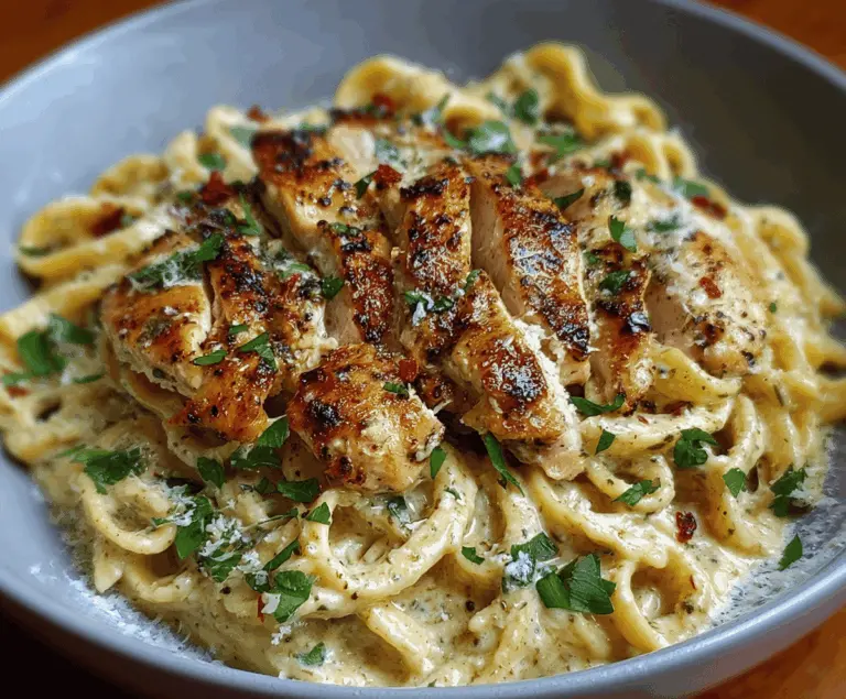 Creamy garlic parmesan chicken pasta served on a white plate with fresh herbs, showcasing a rich and flavorful Italian-inspired dish