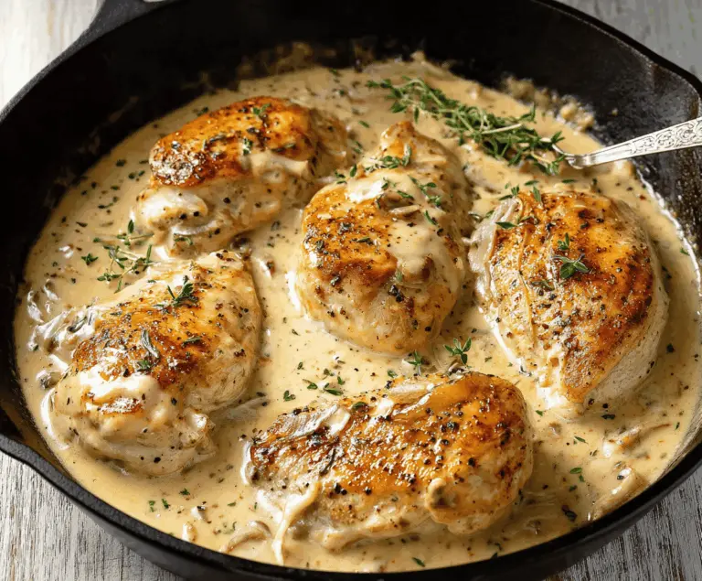 Creamy Ranch Chicken served on a plate with herbs, featuring tender chicken breasts topped with creamy ranch sauce and garnished with fresh herbs.