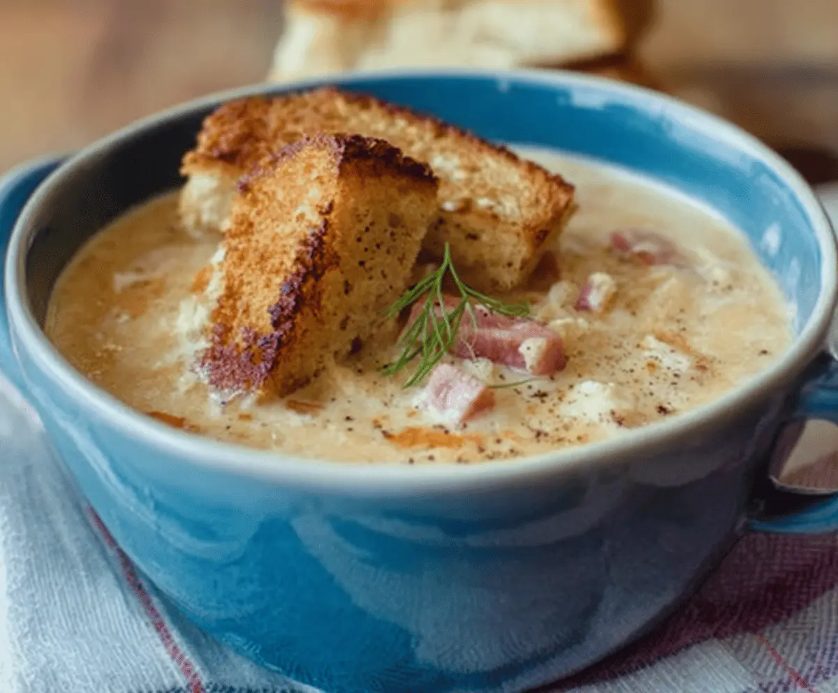 Creamy Reuben Soup in a bowl topped with Swiss cheese, sauerkraut, and sliced corned beef, garnished with fresh herbs