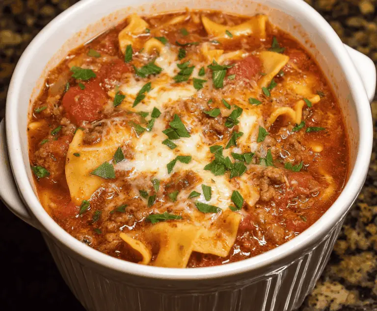 Delicious Crockpot Lasagna Soup with melted cheese, seasoned ground meat, and pasta garnished with fresh basil in a bowl