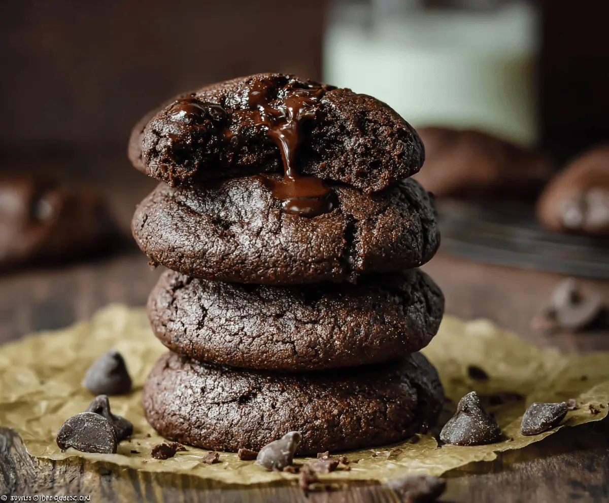 Delicious homemade double chocolate cookies with rich, fudgy texture and glossy chocolate chips, perfect for chocolate lovers