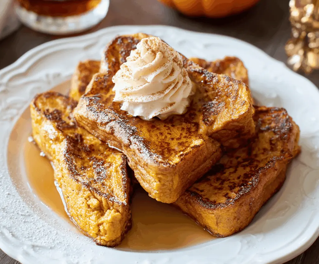 Creamy pumpkin French toast topped with whipped cream and cinnamon for a cozy fall breakfast.