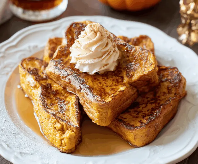 Creamy pumpkin French toast topped with whipped cream and cinnamon for a cozy fall breakfast.