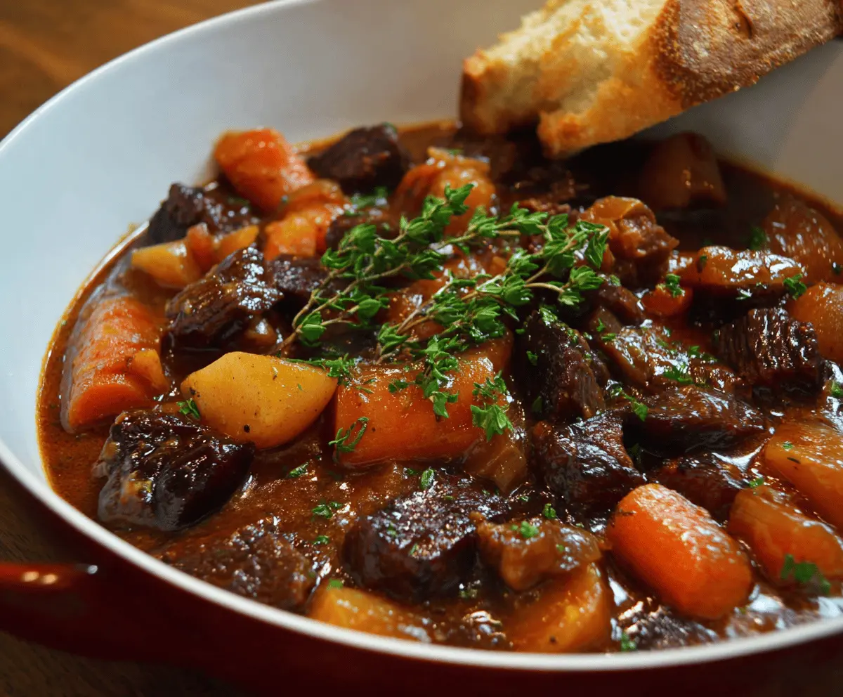 Hearty French-style beef stew simmered in red wine with vegetables and herbs in a rustic bowl