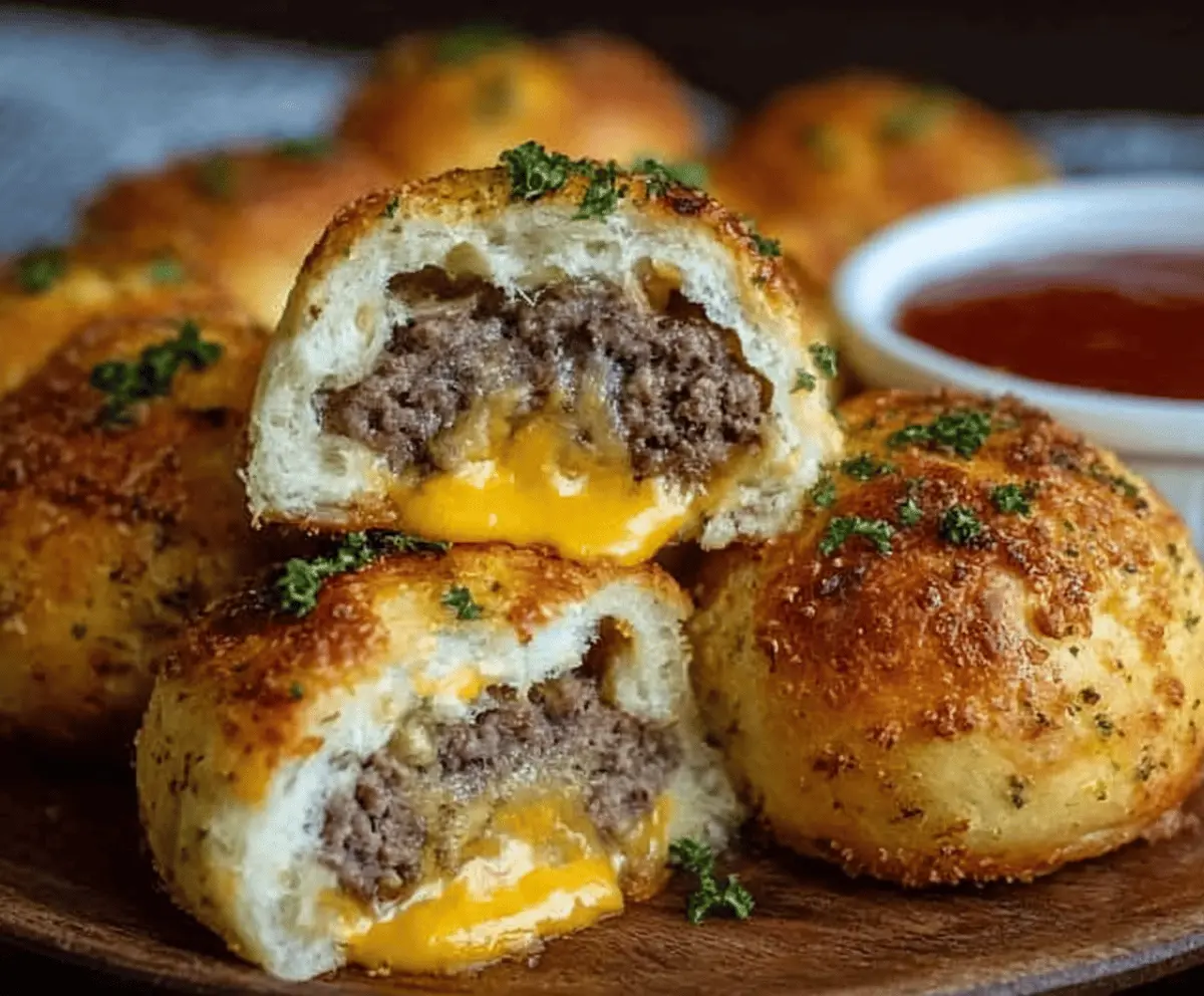 Delicious Garlic Parmesan Cheeseburger Bombs with melted cheese, crispy golden exterior, and fresh toppings ready to serve