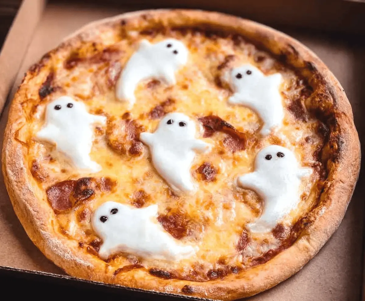 A spooky ghost-shaped pizza topped with melted cheese and black olive eyes, perfect for Halloween-themed meals.