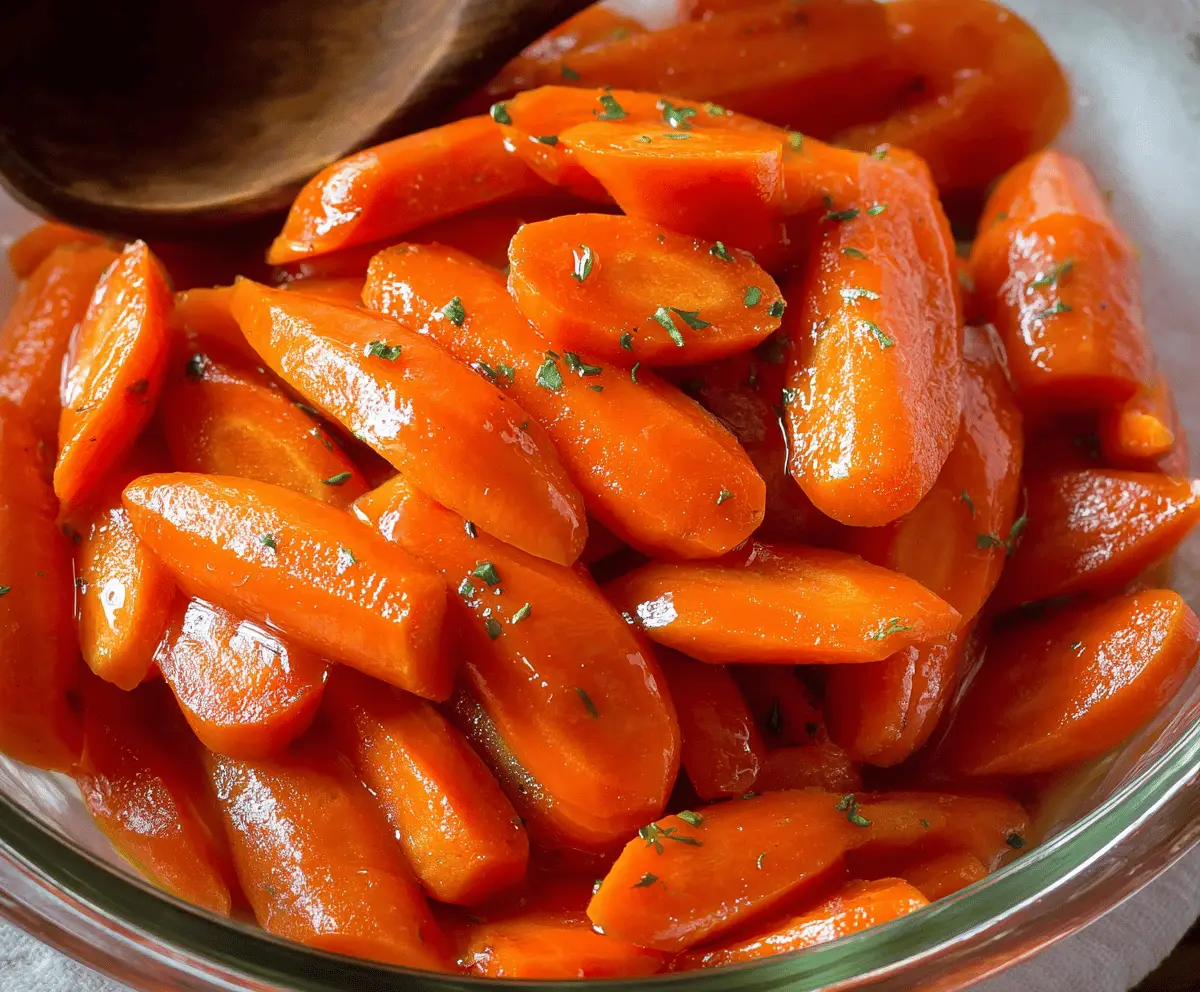 Fresh glazed carrots garnished with herbs on a rustic wooden plate, perfect for a healthy side dish