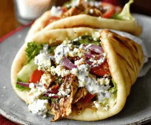 Juicy Greek Chicken Gyros wrapped in pita bread with fresh vegetables and creamy tzatziki sauce on a plate.