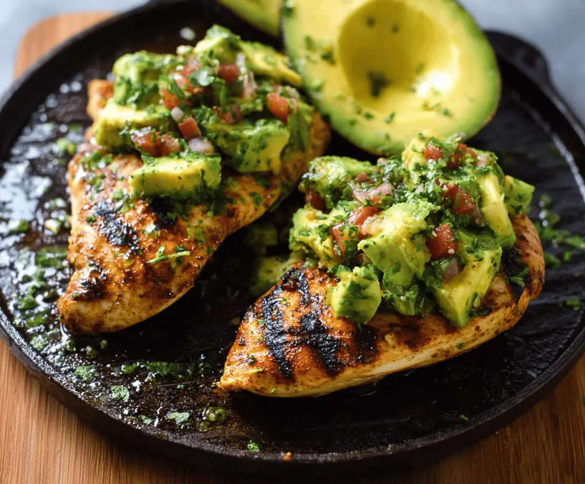 Delicious grilled avocado chicken served on a plate with fresh greens and lemon wedges, perfect for a healthy, flavorful meal.