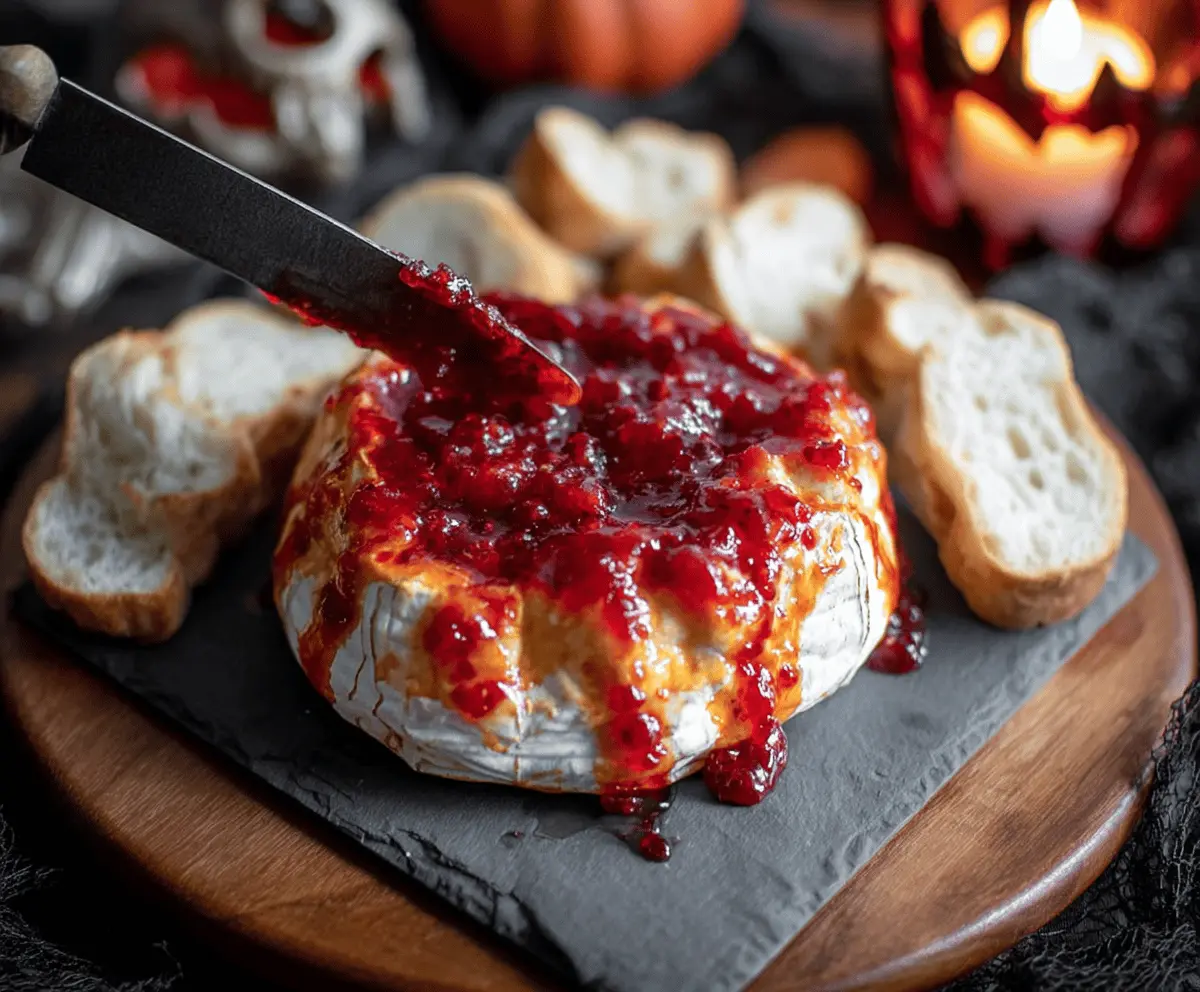 Creamy baked brie topped with spooky bloody raspberry sauce for Halloween Halloween Bloody Baked Brie appetizer perfect for Halloween parties