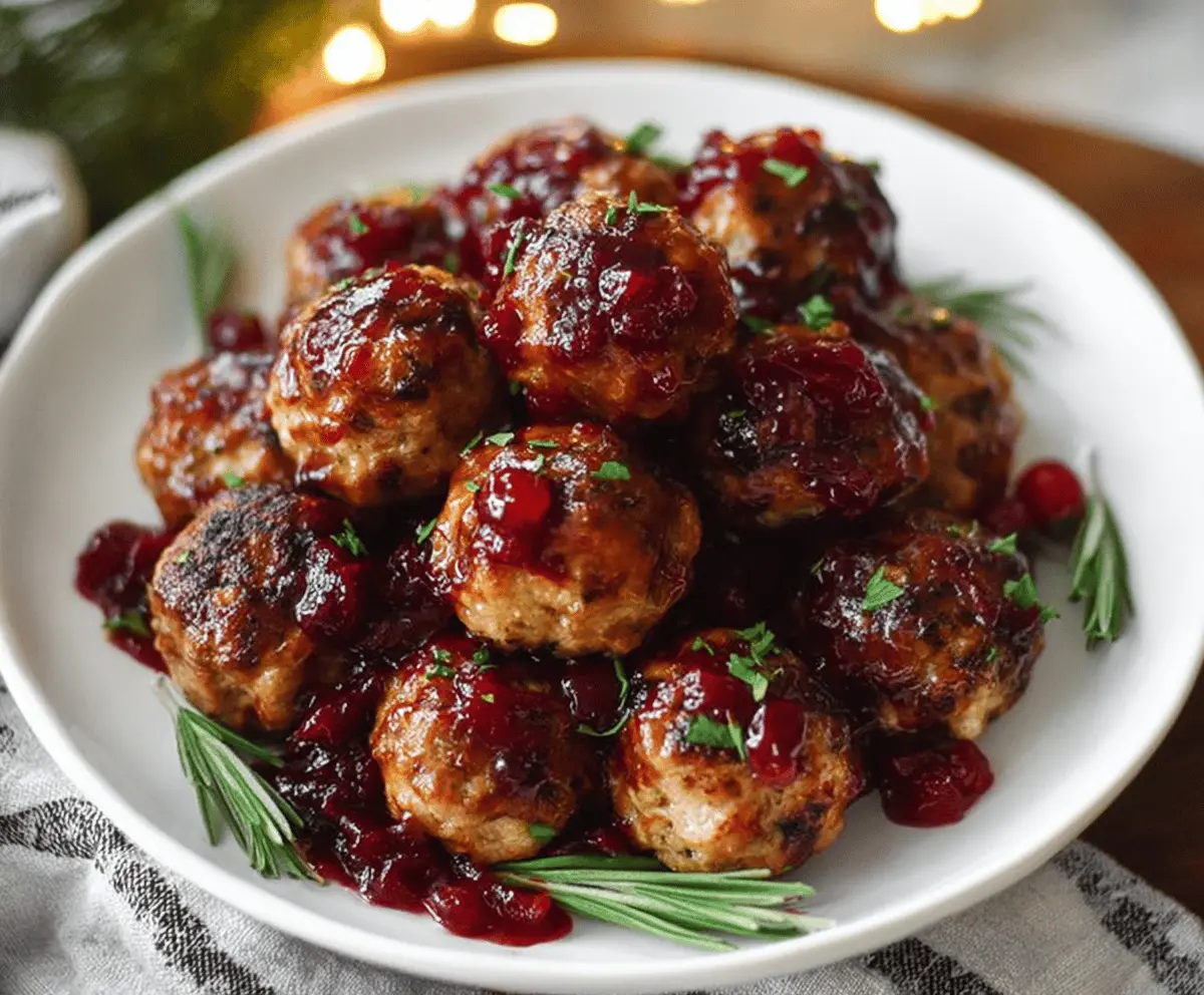 Delicious Harvest Turkey Meatballs topped with a shiny Cranberry Glaze, served on a white plate for a festive holiday appetizer or meal