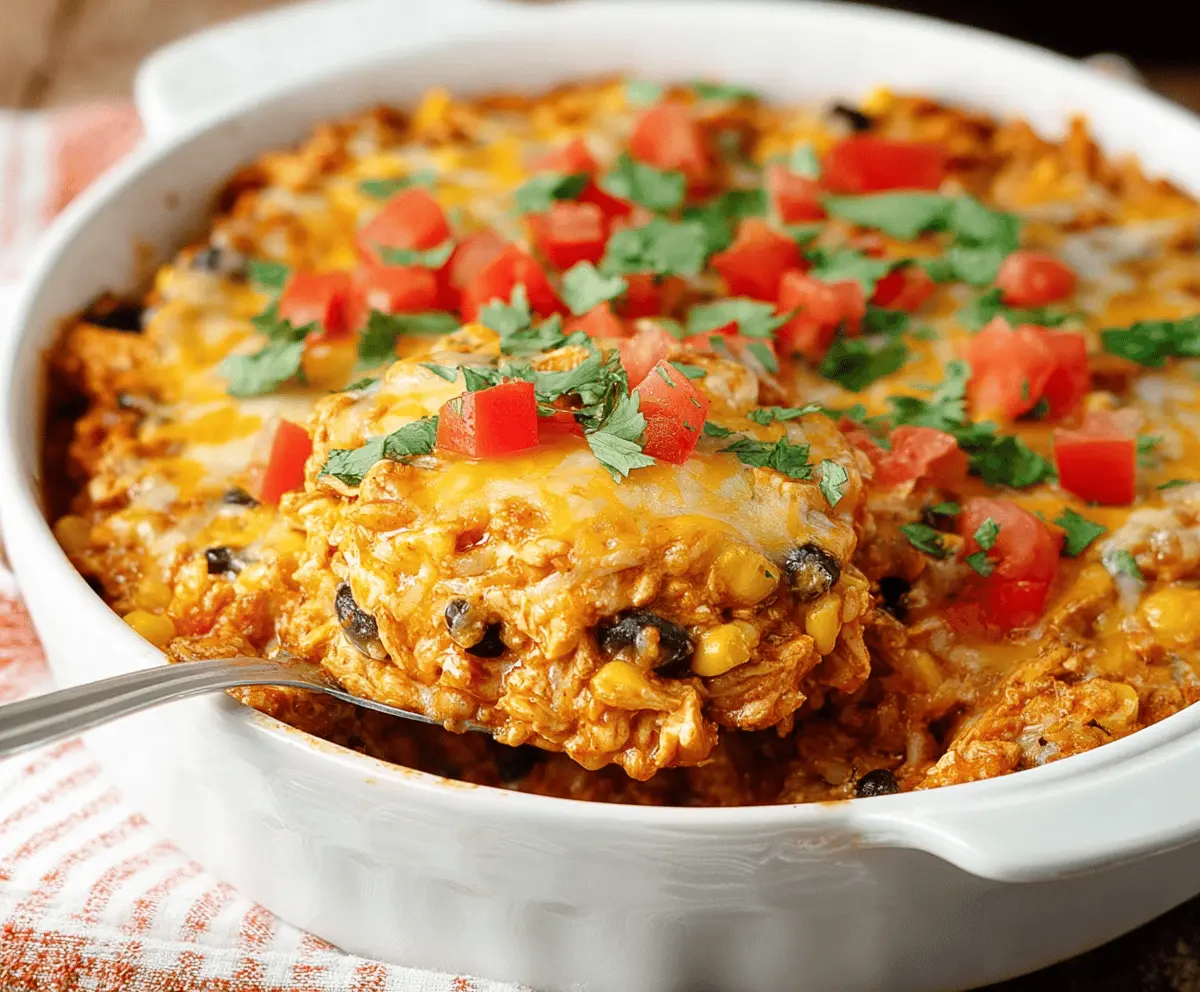 Delicious healthy chicken taco casserole with seasoned shredded chicken, melted cheese, and colorful toppings in a baking dish
