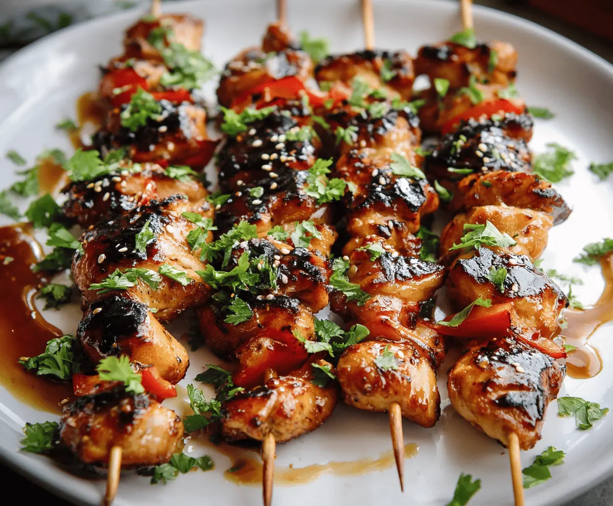 Juicy honey garlic chicken skewers grilled to perfection with caramelized glaze and fresh herbs on a serving platter