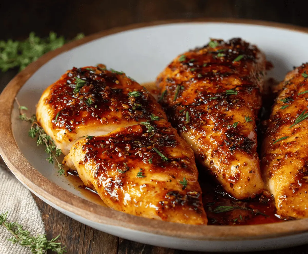 Juicy baked chicken breasts topped with spicy honey glaze on a serving plate, garnished with fresh herbs, ready to serve