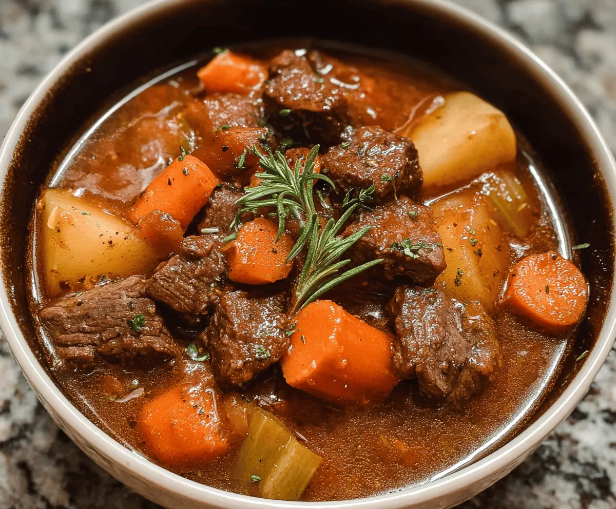 Hearty Instant Pot beef stew with tender beef chunks, carrots, potatoes, and vegetables in a savory broth