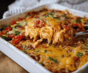 Delicious Keto Mexican Chicken Casserole topped with melted cheese, avocado slices, and fresh cilantro, perfect for low-carb Mexican-inspired dinner